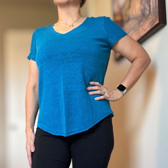 Eileen Fisher Teal V-Neck Short Sleeve Top - Picture 2 of 12